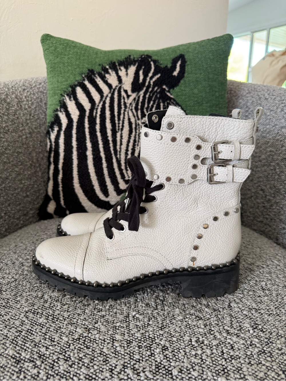 Sam Edelman Jennifer White Studded Lace-Up Combat Boots with Buckles